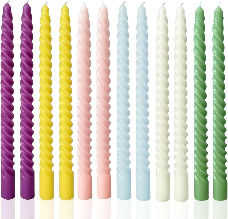 LPUSA Colored Taper Candles Spiral Candle Sticks in Rainbow Colors,Unscented Pastel Candle for Holiday,Wedding and Home Decoration,10inch,12 Pack(E-6colored) - Image 1
